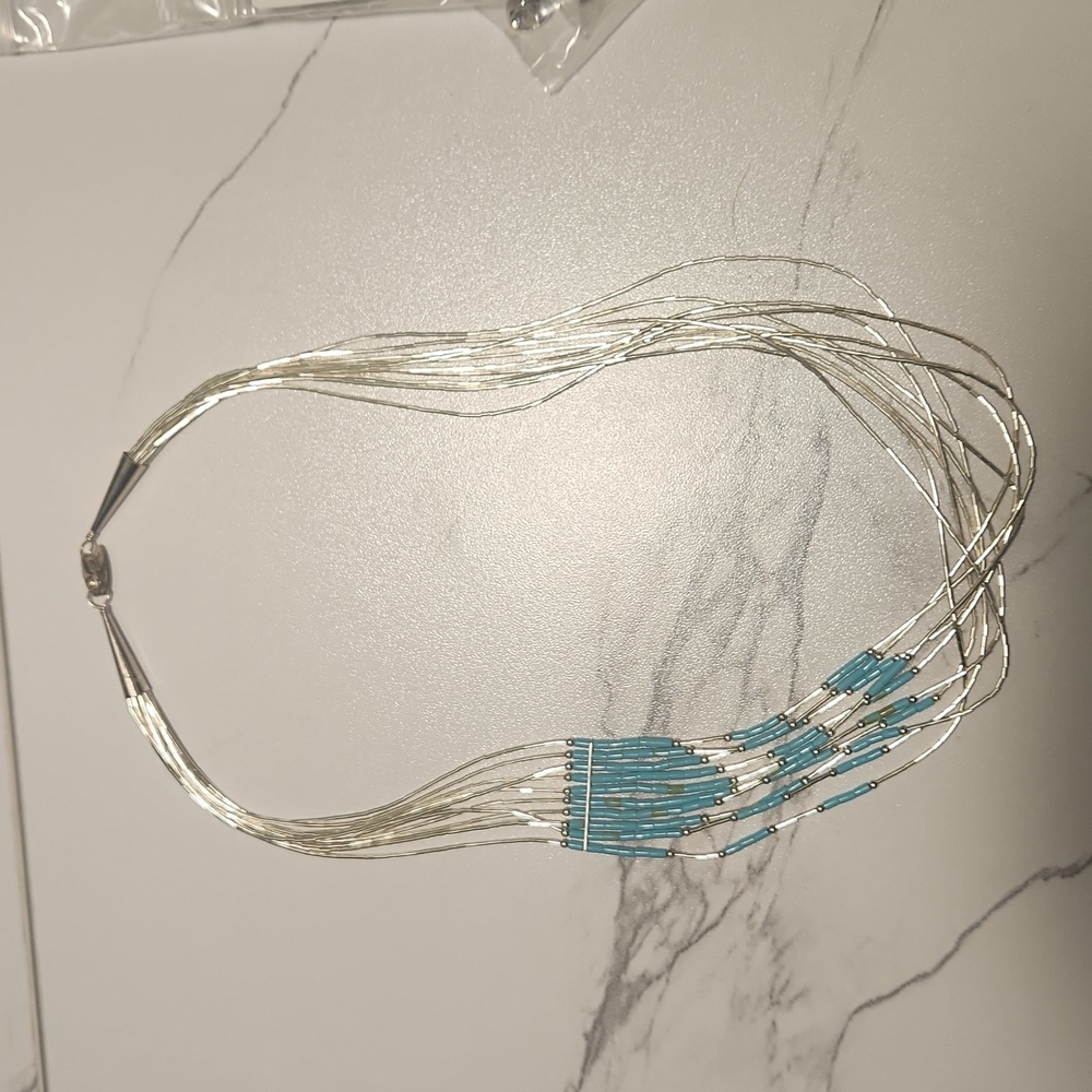 Southwest Style Turquoise Simulant with Liquid Sterling Silver Strand Necklace